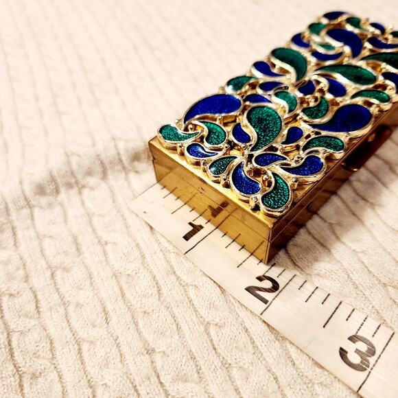 Stunning Vintage 80s Cloisonne Enamel Brass Trinket Box Floral Green Blue - Picture 9 of 9